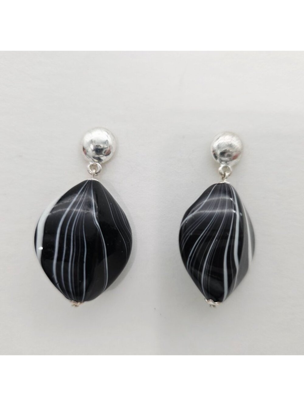 Black & White Striped Dangle Earrings With Silver Posts Modern Statement Jewelry